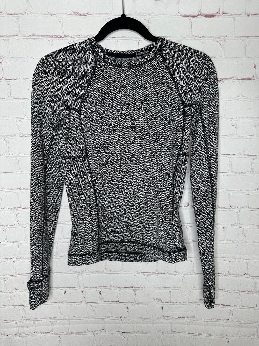 Lululemon Runderful Long Sleeve Top Scattered Herringbone Black White Women's 2